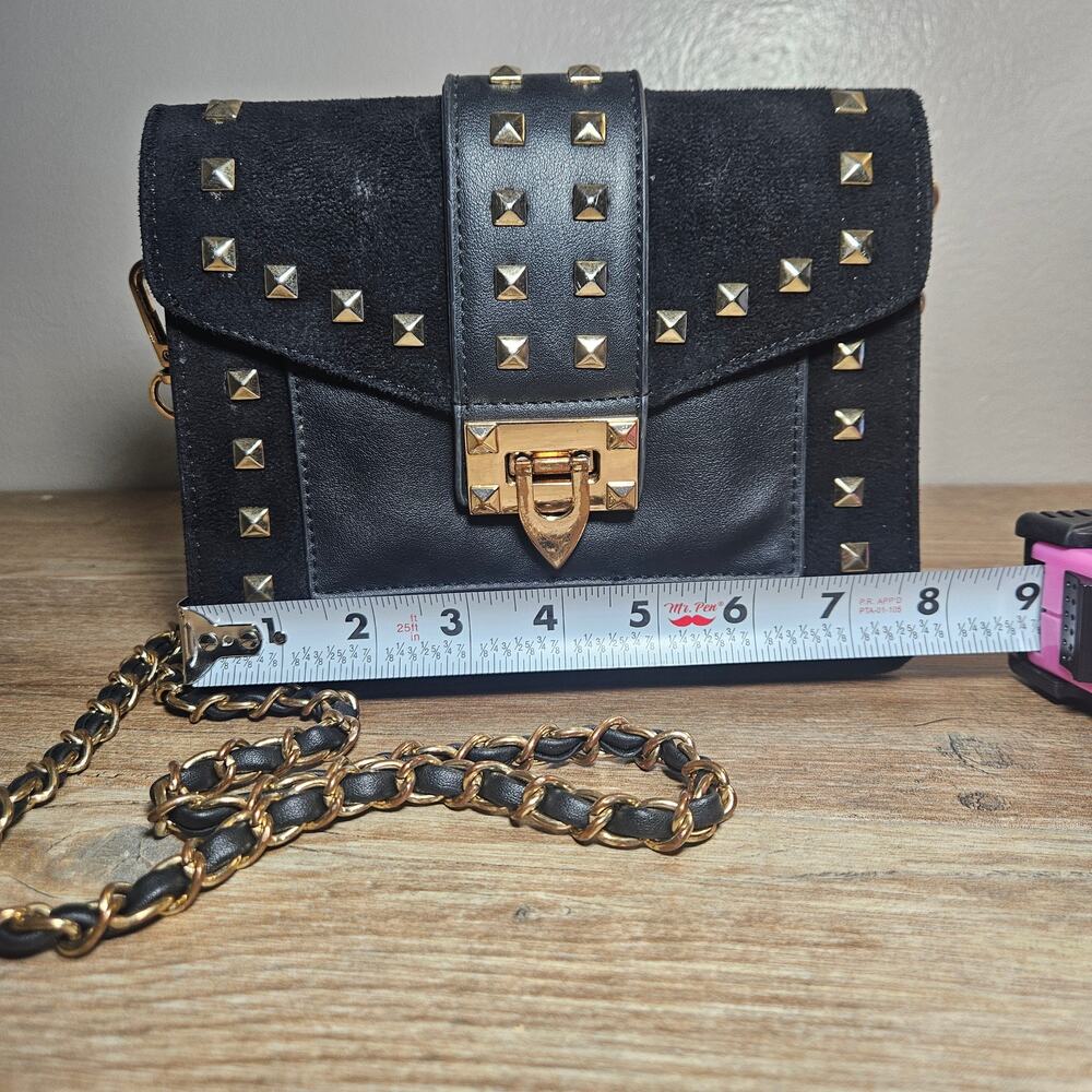 MW Black Suede/Leather Studded Crossbody- Gold Hardware Edginess Goth Biker Emo - Picture 2 of 8